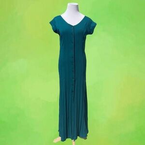 Teal 90s vintage green maxi dress with button down front